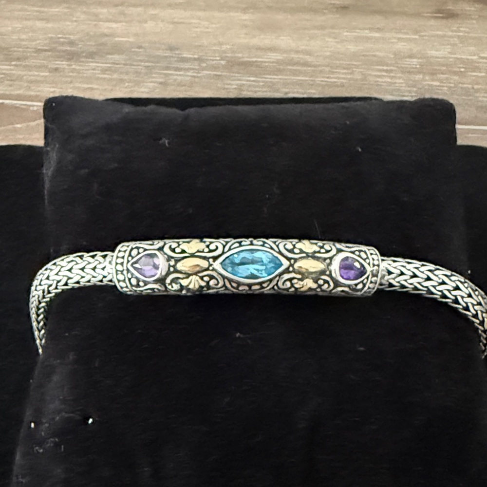Samuel B  SS bracelet with amethyst blue topaz stones and gold accents